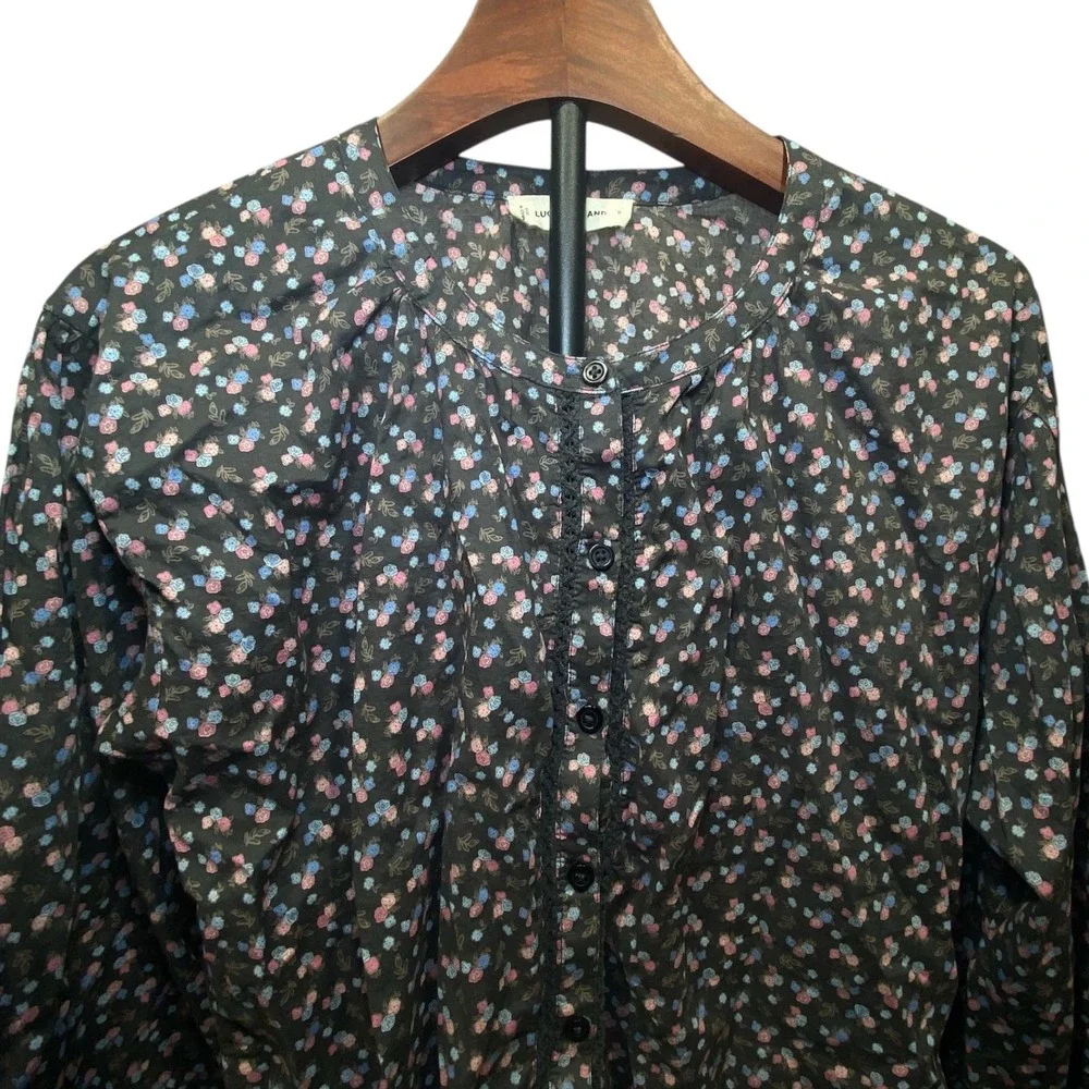 Lucky Brand Womens Ditsy Floral Button Front Blouse Cotton Lace Trim Black Small - Picture 3 of 8